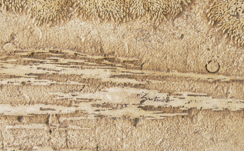 Detail closeup of hand carved Jerusalem stone slab mural for Oprah Winfrey in 2003 by artist Jamie Santaniello. Project was for Oprah's backsplash in her Montecito, Ca kitchen backsplash on her Promised Land property. The carving is of her favorite centuries old oak tree on her Promise Land.
jamiesantaniello.com Copyright©JS2003