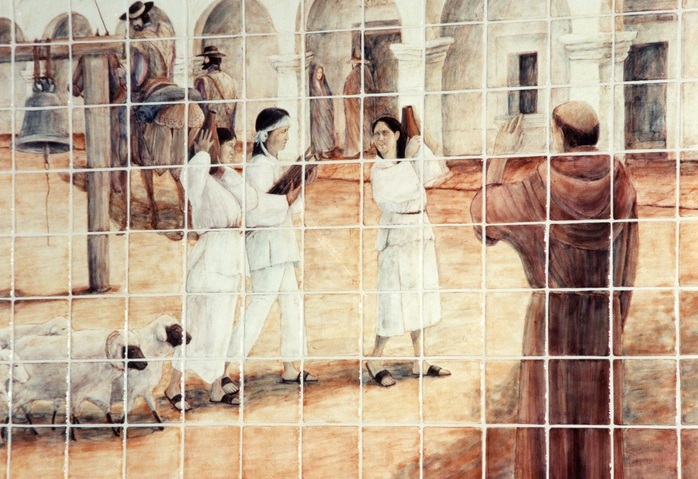 Picture close-up detail of installed mural showing the subtle tones and textures of the mural.  It's a peaceful setting of mission life.  Take notice to the Spanish soldiers patrolling in the background.  