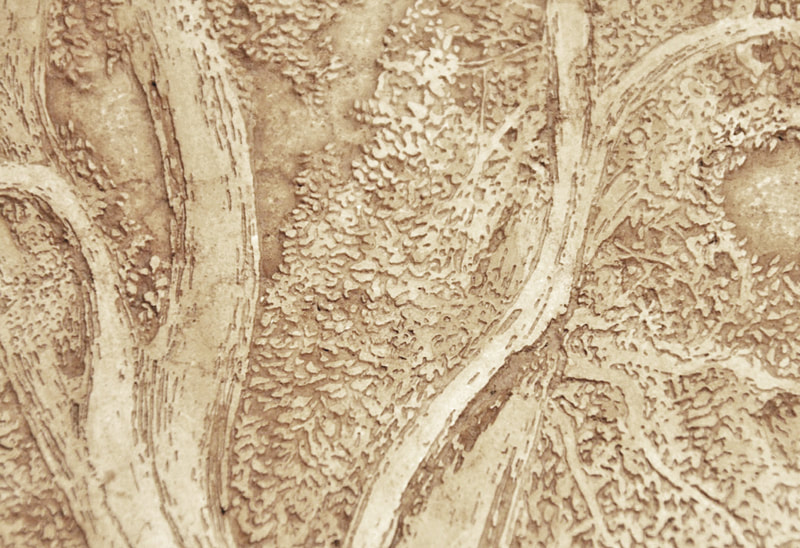 Detail closeup of hand carved Jerusalem stone slab mural for Oprah Winfrey in 2003 by artist Jamie Santaniello. Project was for Oprah's backsplash in her Montecito, Ca kitchen backsplash on her Promised Land property. The carving is of her favorite centuries old oak tree on her Promise Land.
jamiesantaniello.com Copyright©JS2003