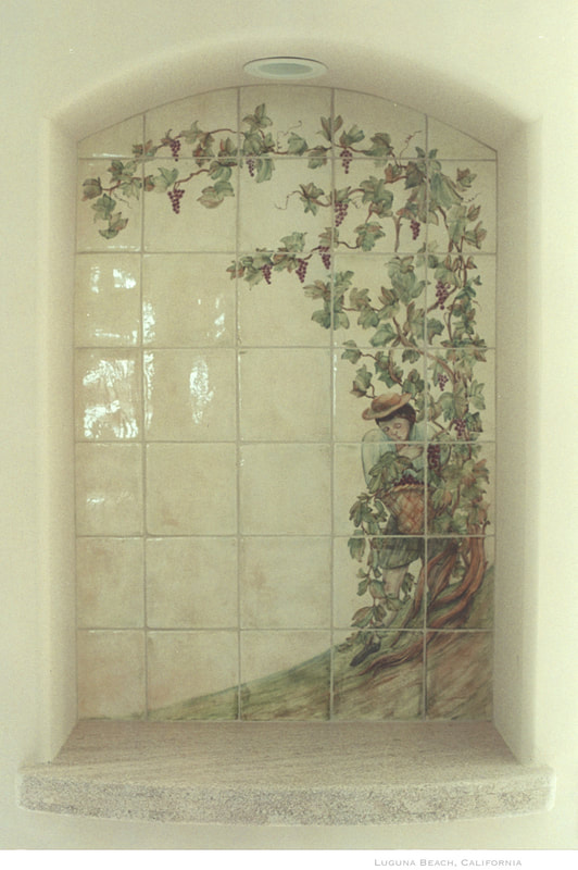Artist Jamie Santaniello
Hand Painted "Grape Picker" mural  on hand molded ceramic bisque in majolica technique. You can find a few of these for sale in "Ceramic Tile and Stone Vestiges" @ jamiesantaniello.com
Copyright©JS2005
Laguna Beach, California