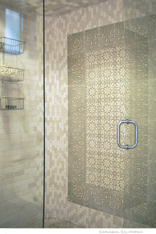 Artist Jamie Santaniello Mural on shower wall -Historical Renditions Tile Line / WTS66-330 [6x6] + WTS812-204 [8x12 border]  Hand carved crema luna stone from Italy.  Mosaic and tile surround is a mixture of Crema Luna and Jerusalem Stone.
Carlsbad California
jamiesantaniello.com
Copyright©JS2014