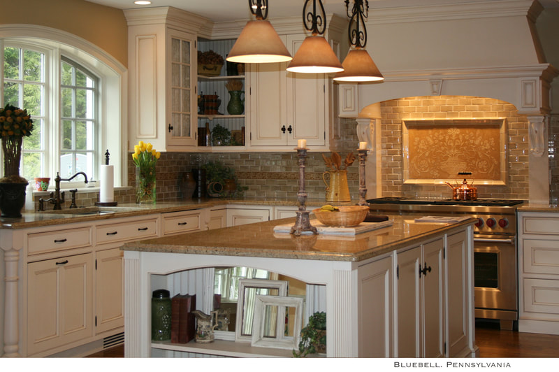 Artist Jamie Santaniello. Blue Bell, Pa
Kitchen backsplash in hand molded 2" x 4" noce gloss crackle ceramic tile. Hand Carved Jerusalem Stone Slab Au Naturale  stain Historical Renditions flower mural WTS1830-01 [18x30] as well as hand carved stone border from the Classic Collection by artist Jamie Santaniello / 
jamiesantaniello.com Copyright©JS2006
Bluebell, Pa.