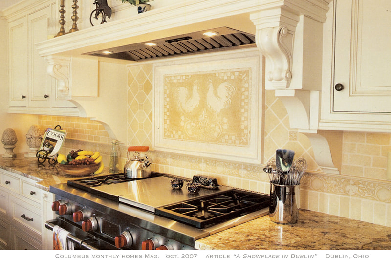 Artist Jamie Santaniello Columbus Monthly Homes Magazine published Oct. 2007. Kitchen backsplash in hand chiseled Jerusalem stone. Hand Carved Jerusalem Stone Slab "Morning Call" in ochre stain from the Santa Margarita Collection by artist Jamie Santaniello
jamiesantaniello.com Copyright©JS2004