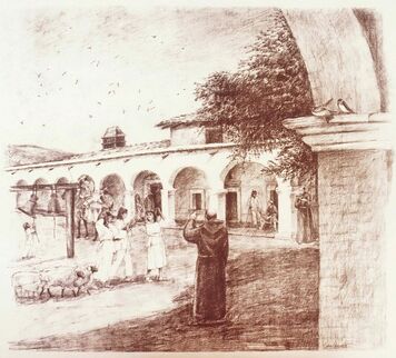 Mission San Juan Capistrano Presentation Sketch by artist Jamie Santaniello. The mural design (sketch) by the artist of the Mission in 1813, one year after the 1812 earthquake.   The sketch went through a rigorous process and was approved by all parties including the City Council of San Juan Capistrano, and the Historical Society of San Juan Capistrano, with some of its members were Juaneño Indians. jamiesantaniello.com Copyright©JS2000