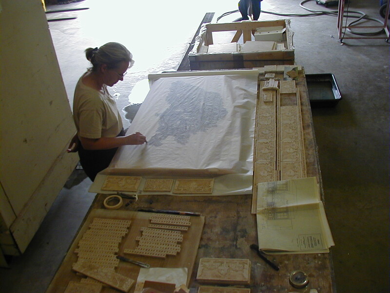 Artist creating first rubbing on tissue paper in graphite pencils of the Promised Land Oak Tree stone carving before it left the artists studio and delivered to Oprah's Promise Land for the kitchen installation. jamiesantaniello.com Copyright©JS2003