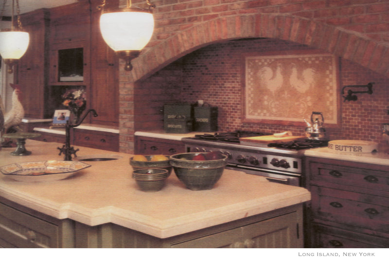 Artist Jamie Santaniello
Hand Carved Jerusalem stone slab "Morning Call" mural inlaid into a brick backsplash. Santa Margarita Tile Collection.
jamiesantaniello.com
Copyright©JS2007
Long Island, New York