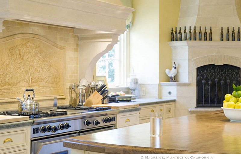 Oprah Winfrey's Promised Land Oak Tree stone carving above her stove top in her Montecito, California Estate from 2003 until 2013. Created by artists Jamie Santaniello and Frank Santaniello. O MAGAZINE   March 2013   Article “Make Room For Me!”  Pages 136-141.  
Photo showing Oprah's kitchen and the Oak Tree Mural, P. 141. jamiesantaniello.com
Copyright©JS2003