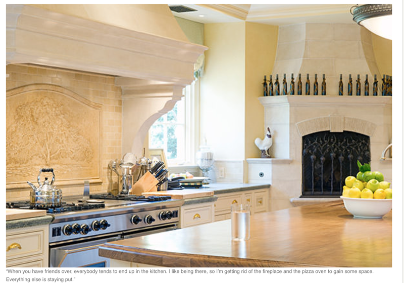 Oprah Winfrey's stove top Jerusalem hand carved stone slab of her favorite oak tree in her Montecito Ca. kitchen created by artist Jamie Santaniello. 
jamiesantaniello.com Copyright©JS2003
