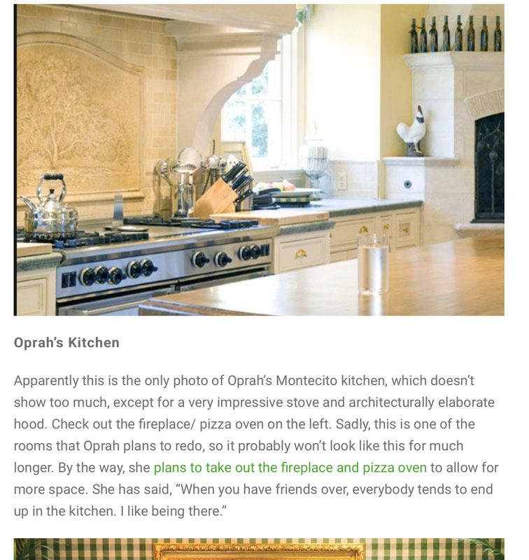 Oprah Winfrey's stove top Jerusalem hand carved stone slab of her favorite oak tree in her Montecito Ca. kitchen created by artist Jamie Santaniello. 
jamiesantaniello.com Copyright©JS2003