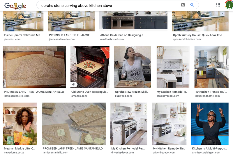 Google search of Oprah Winfrey's kitchen showing work on Jerusalem stone backsplash of borders and mural by artist Jamie Santaniello.  jamiesantaniello.com