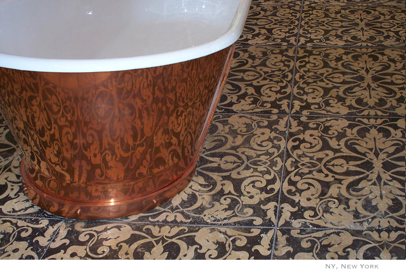 Artist Jamie Santaniello
NYC, New York  Showroom Urban Archaeology / Tile flooring around copper tub - Historical Renditions WTS66-362-24 [24"x24"] Light Travertine with Noce Stain / Designed by Jamie Santaniello for Waverly Tile 
jamiesantaniello.com
Copyright©JS2004 