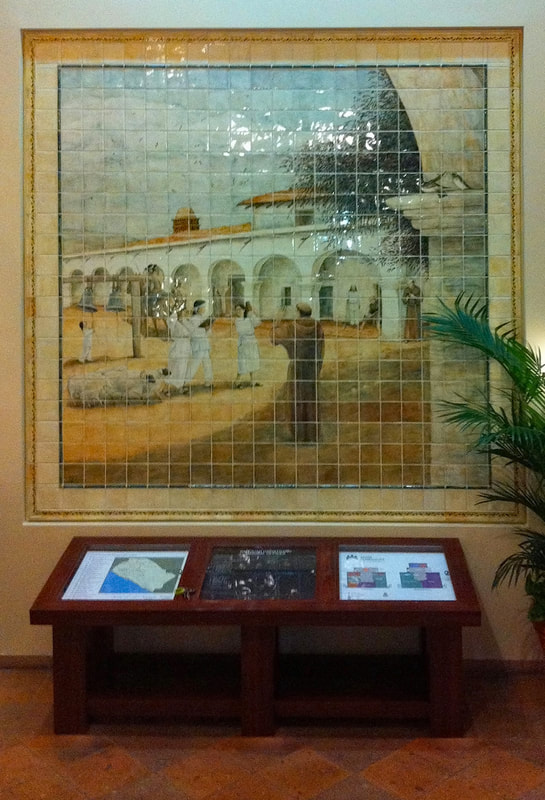 "Mission San Juan Capistrano Mural" by artist Jamie Santaniello and Information table located inside the lobby entrance of Kaiser Permanente  San Juan Capistrano Medical Facility.