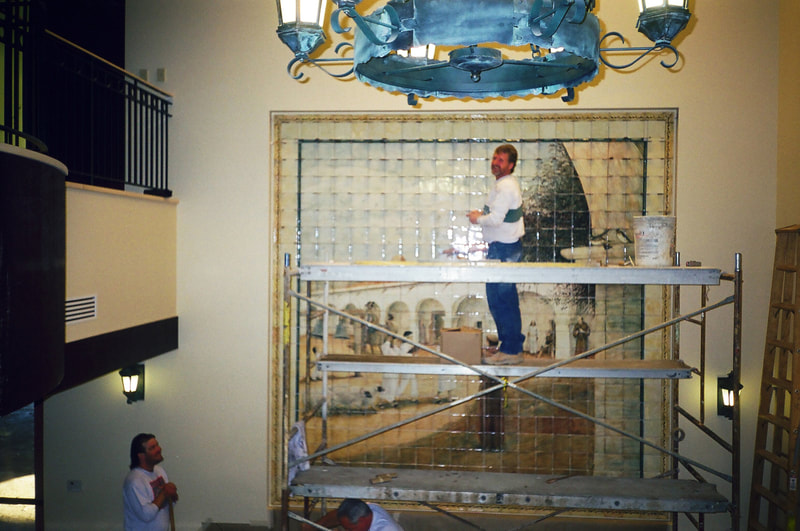 "Mission San Juan Capistrano Mural" by artist Jamie Santaniello is mounted and ready for grouting in the year 2000.