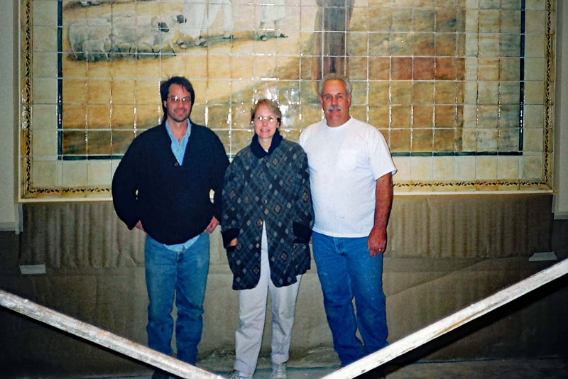 Frank Santaniello and Artist Jamie Santaniello with lead tile setter, Ron Duff - Installation of large mural of the "Mission San Juan Capistrano Mural" in the year 2000.
